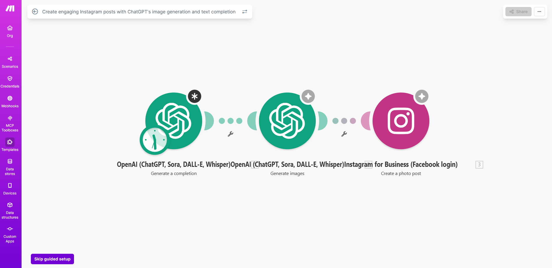 Workflow Make : ChatGPT génère texte et image pour Instagram