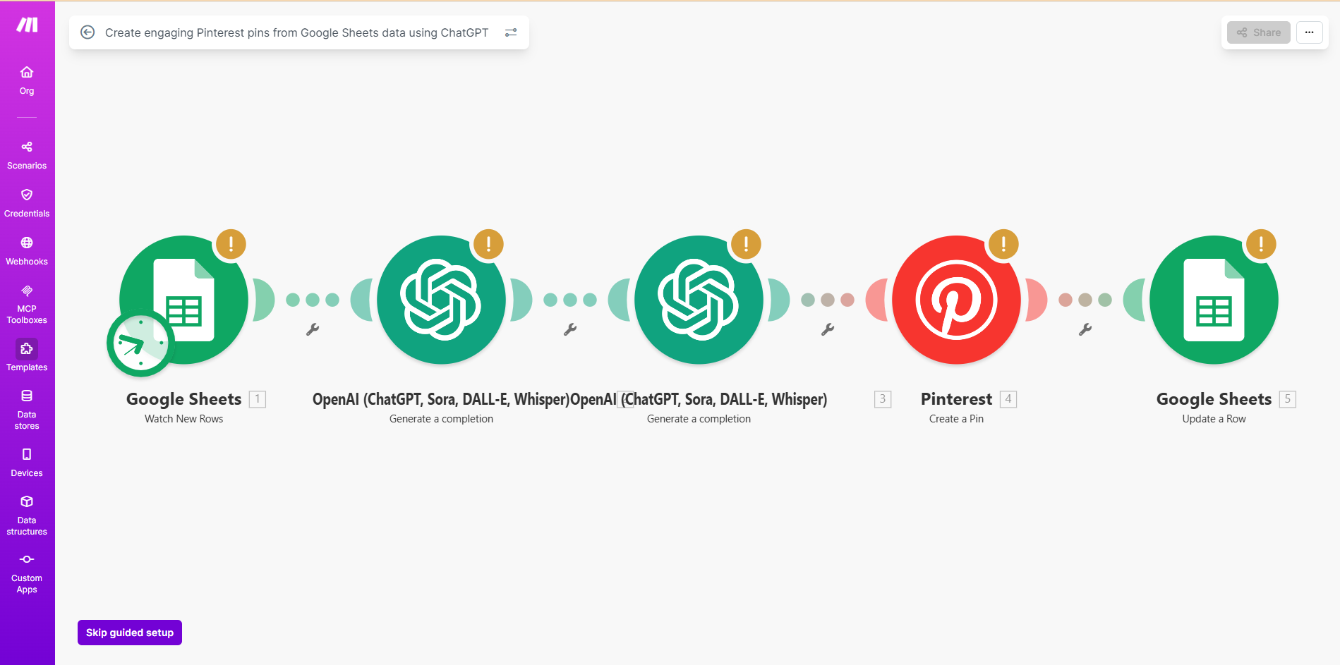 Workflow Make : Google Sheets + ChatGPT → Pinterest