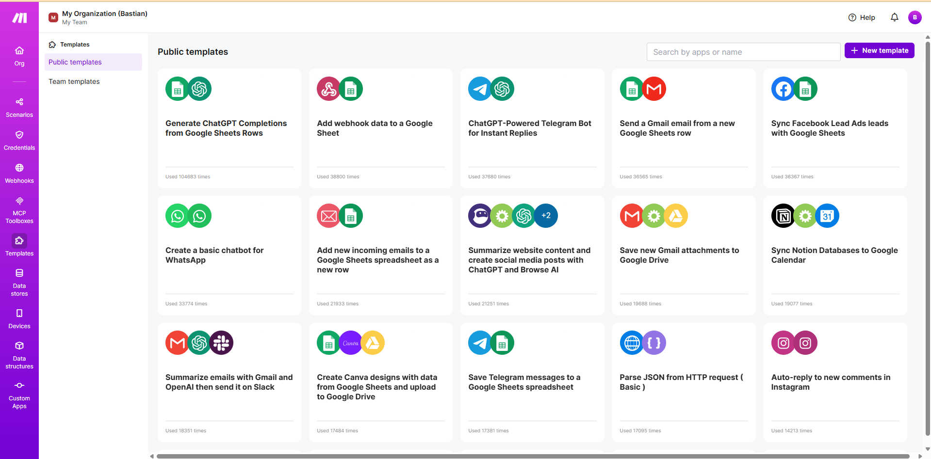 Bibliothèque de templates de scénarios sur Make.com